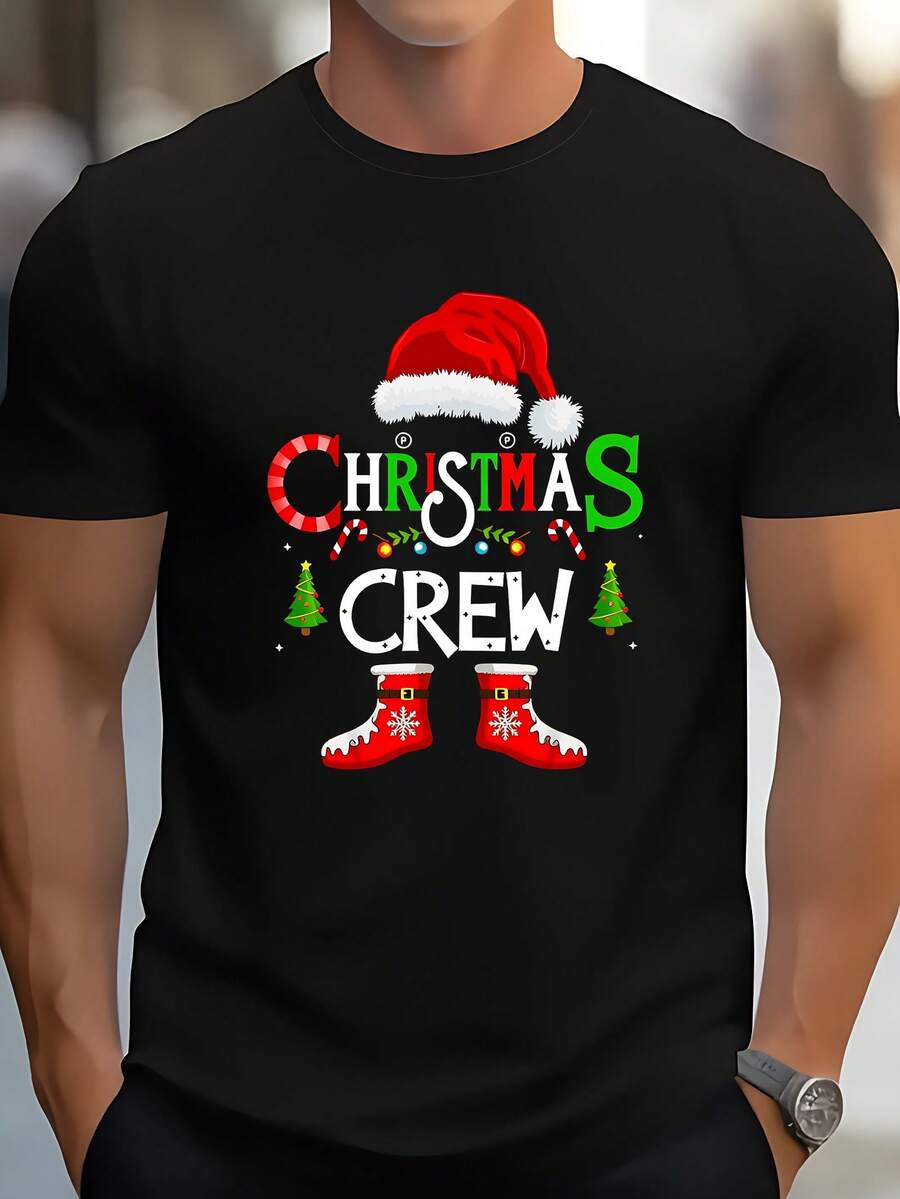 Camiseta gráfica de Navidad para hombres con gorro de Santa, estampado de letras de bastón de caramelo y diseño de botas rojas - Camiseta ligera de manga corta para fiestas casuales, regalo ideal para hombres - Atuendo festivo casual y eventos temáticos (ajuste regular), suéter de Navidad familiar - Negro - Ver 1