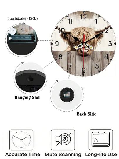[10/12 Inch Silent Wooden Clock] 1pc Highl Cow Daisies Wand Clock, 10/12 Round Non Ticking, Battery Operated, Rustic Farmho Home, Living Room, Kitchen, Bedroom AA Not Included view 5