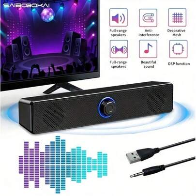 Bocina Bluetooth Portatil 5.3 Barra de Sonido 16W 1500 mAh Altavoz Bluetooth Inalámbrico RGB Bocina para PC y TV Adecuada para Hogar y Fiesta Suporte 3.5mm AUX/TF/USB/BT/FM/TWS