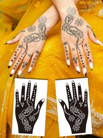 Plantilla de tatuaje hueco pintada a mano Haina de dos manos, pegatina de patrón de flor de mandala de encaje elegante de novia minimalista Haina, adecuada para manos, pies, hombros, cuello, clavícula, pegatina de tatuaje falso semipermanente, set de 1 par