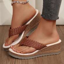 Womens Wedges Heels Braided Thong Flats Sandals Lightweight Summer Beach Vacation Travel Outdoor Walking Platform Sandals Shoes - 棕色 - 查看 7
