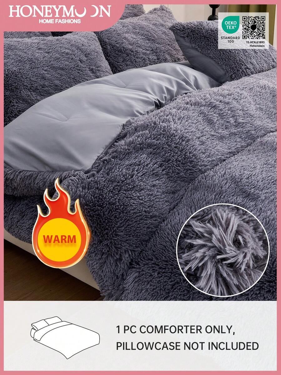 1pc Plush Fuzzy Comforter, Super Soft And Warmth In Winter, Down Alternative Bedding, Luxury Fuzzy Winter Bedding, Suitable For All Size, Oeko-Tex Certified - Grey - View 1