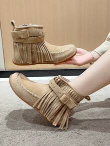 Women's Fashion Fringe Mid-Calf Boots, Western Style Flat Casual Short Boots, Solid Color Suede Stitched Seam Outdoor Wide Shaft Boots, Autumn/Winter - 灰色 - 查看 2