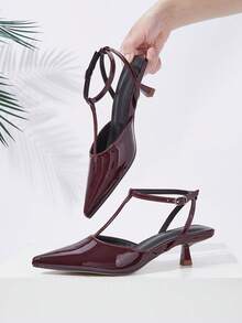Women's Solid Color Patent Leather Ankle Strap Kitten Heel Shoes, Elegant Pointed Toe High Heel Sandals, Fashion Ankle Strap High Heels, Formal Occasion Wedding Party Shoes - Burgundy - View 3
