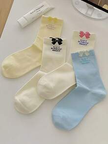 6 Pairs Women's Fashion Cute Bow Solid Color Sheer Mesh Crew Socks