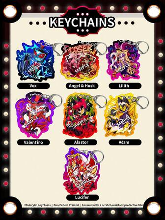 动漫周边 动漫亚克力钥匙扣 - 维姬、查理、阿拉斯托可爱Y2K卡通吊坠，天使与赫斯克、沃克斯、莉莉丝，适合挂在包包和钥匙上，粉丝完美礼物，角色扮演配件，汽车钥匙包背包小饰品钥匙圈配件，创意学生礼物，动漫衍生品，创意背包吊坠，汽车钥匙吊坠，亚克力钥匙扣，日系漫画吊坠，猫咪种子钥匙扣收藏品，吊坠