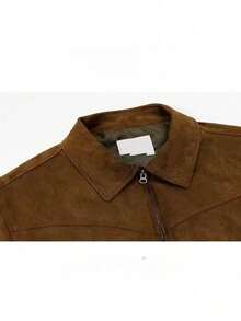 Men's High-Street Suede Short Jacket Spring Autumn Zip-Up Lapel Flight Jacket Korean Style Casual Outerwear For Daily Wear - màu nâu - Xem 3