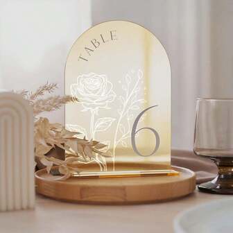 10pcs 5x7 Inch Acrylic Table Number Plates With Stands, Numbered 1-40, Elegant Floral Rose Design, Beautiful Luxury Wedding Or Event Decor