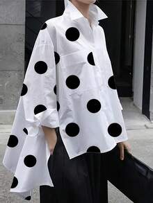 New Fashionable & Elegant Polka Dot Pattern Loose Women Long Sleeve Blouse With Asymmetrical Hem Spring - Black and White - View 1