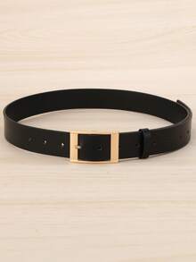 1 pieza Cinturón de piel de PU rectangular de talla grande negro con hebilla dorada, de moda para uso diario, longitud extendida - Dorado - Ver 4