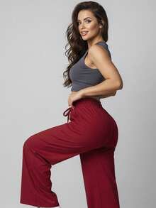 Wide Leg Pants With Flare Leg, Sophisticated Fit, Structured Style, High , Contemporary, Casual, Comfortable, Modern, Chic - 紅色 - 查看 8