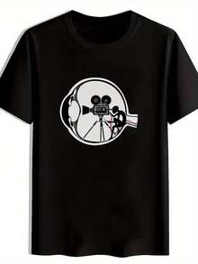 Camiseta Casual de Cuello Redondo para Hombre con Estampado de Cámara de Película, Camiseta Gráfica Negra para Él, Idea de Regalo, Camiseta de Uso Diario, Atuendo de Verano, Camiseta Impresa, Diseño Elegante, Ajuste Cómodo, Tela Suave, Camiseta Impresa, Camiseta para Hombre, Ropa de Hombre, Jóvenes Adultos - Negro - Ver 3