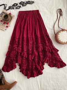 Rusttydustty 女士黑色蕾丝拼接荷叶边中长裙，优雅复古不对称下摆，波西米亚风，适合复活节海滩装扮、夏威夷音乐节和热带度假。 - 紅色 - 查看 4
