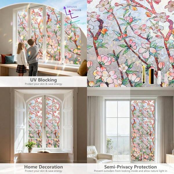 Window Privacy Film3D Stained Glass Window Film Rainbow Static Cling Stickers Blocks Heat And UV Non-Adhesive Vinyl For Home Door Peach Blossom 17.5 X 78.7inch-SDRF VBVHBJN