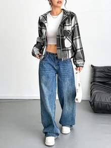 Chaqueta de mujer a cuadros con capucha, hombros caídos, cremallera, forro cálido, corte regular, manga larga, poliéster, bolsillos, estilo elegante e informal. - Negro - Ver 5