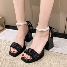 Tacones altos de malla nuevas sandalias romanas de hadas francesas de cristal de talón medio y grueso en verano para mujeres, Sandalias de tacón para mujer - Negro - Ver 8