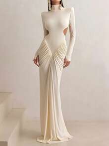 High Neck Long Sleeve Fitted Sexy Backless Solid Color Dress, Summer - Apricot - View 3