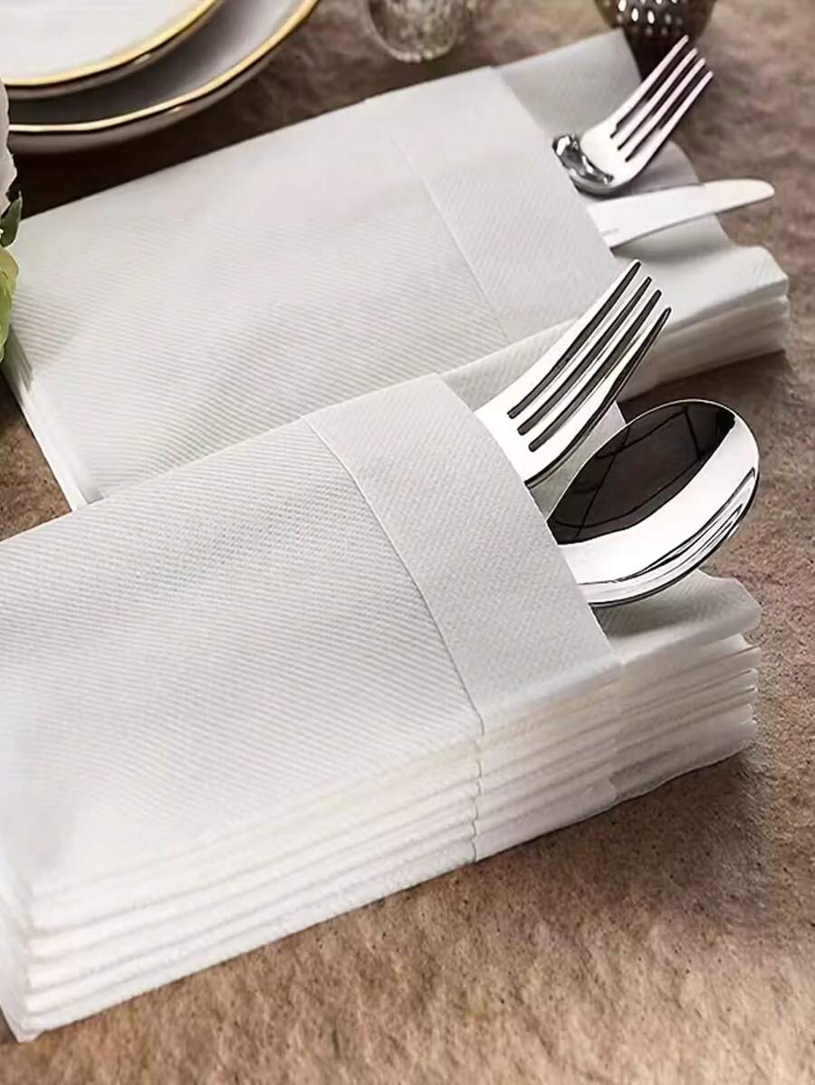 单层亚麻纹理一次性纸巾，带餐具收纳袋 - 高吸水性，优雅餐桌装饰，适用于婚礼、派对、节日和特殊活动 | 精致餐桌布置 | 餐具收纳设计 - 彩色 - 查看 1