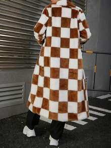 Eilly Bazar Fashionable Colorblock Houndstooth Faux Fur Jacket, Autumn/Winter - Coffee Brown - View 2