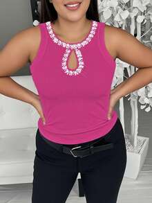 ChicMe Plus Size Women's Rhinestone Hollow Round Neck Sleeveless Tank Top, Ribbed Knit, Casual Comfortable Basic, Suitable For Daily Wear And Dates - Hot Pink - View 4