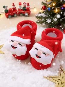 1pair Infant Christmas Red Socks For Newborns And Toddlers Baby Fluffy Ball Thicken Warm Santa Claus Design Anti-Slip Soft Floor Leg Warmers, Adorable Cozy For Babies Indoor, Autumn And Winter Daily Wear & Christmas Party,Christmas Gift Socks - Red - View 9