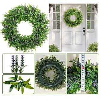 Konstgjord lavendelkrans med band, buxbomskrans, diameter 44 cm/17,3 tum, konstgjorda växter, realistiska blommor, simulerade växter, gröna, PE-material, lämplig för att dekorera skolor och kontor. Perfekt för utomhusfester, högtidsfiranden, födelsedagsfestdekorationer, verandadekorationer, hotellrestauranger, vardagsrum och sovrum, bröllopsarrangemang, köksdekor och trädgårdsdekorationer.