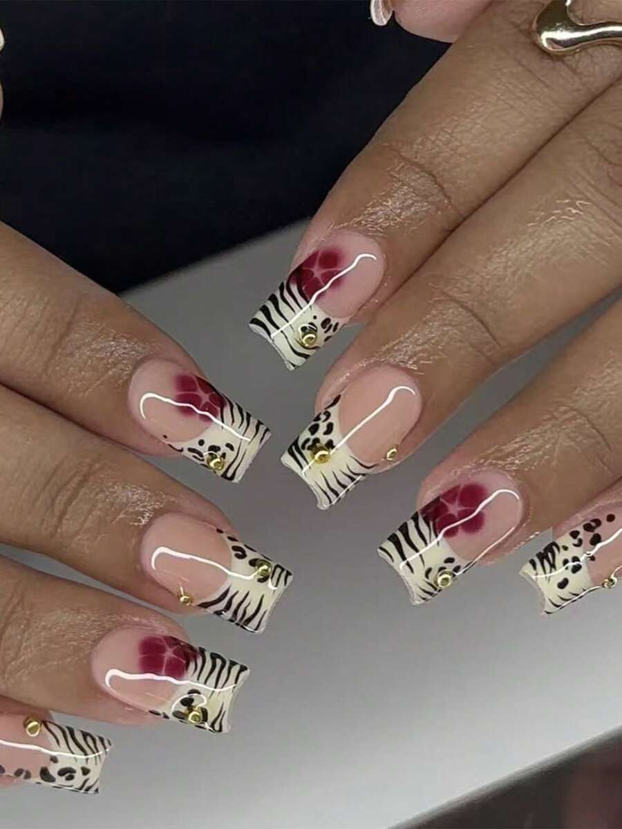 10片装法式豹纹方形美甲贴片，性感Y2K风美甲，欧美女孩斑马纹裸色底，简约百搭，手工制作，适合女孩日常佩戴，按压式美甲贴片，假指甲，美甲用品，手工按压式美甲贴片 - 彩色 - 查看 1