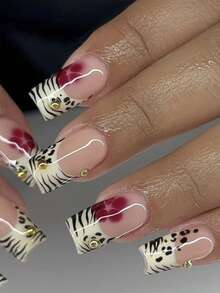 10片装法式豹纹方形美甲贴片，性感Y2K风美甲，欧美女孩斑马纹裸色底，简约百搭，手工制作，适合女孩日常佩戴，按压式美甲贴片，假指甲，美甲用品，手工按压式美甲贴片 - 彩色 - 查看 4