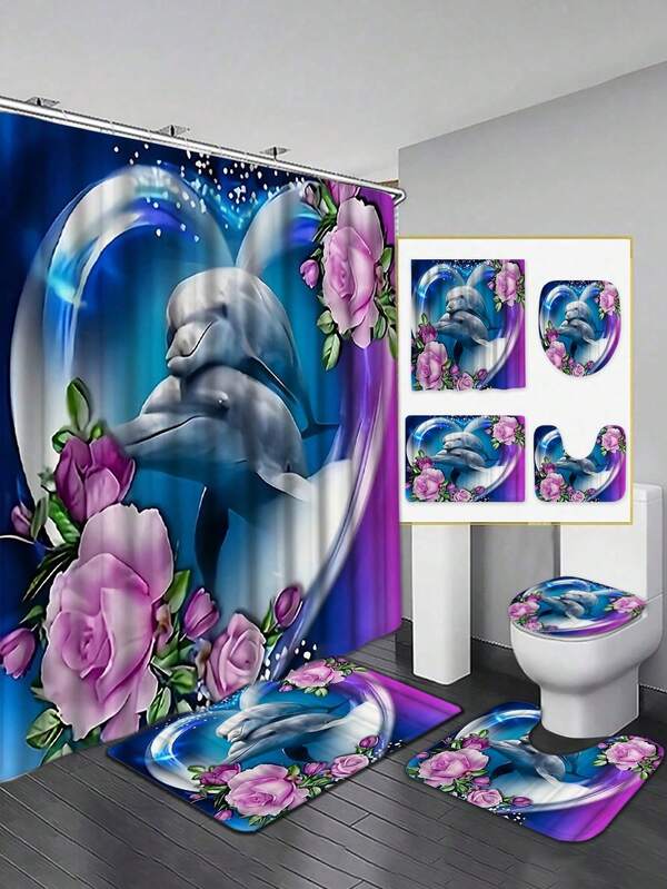 1/4 Stück Herz Blumen Delfin bedruckter Duschvorhang Set, dekorativer Badezimmer Set inklusive wasserdichter Duschvorhang mit Haken, rutschfeste Matte, Toilette-Sitzauflage und U-förmige Matte, Badezimmer Accessoires, Muttertags Geschenke