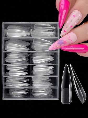 120Pcs/240Pcs XL Stiletto Gel Nail Tips Clear Fake Nails Extra Long Stiletto Nail Tips Full Cover Artificial Fingernails XL Soft Gel False Nail Tip For Acrylic Nail Extension Press Nail Making