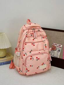 Conjunto de 3 peças de mochila dobrável de nylon rosa com estampa de morango, laço e cereja, com cordão, zíper e grande capacidade. Ideal para uso diário, faculdade, treinos, escola, compras e viagens. Perfeita para mulheres, estudantes, treinos, escola e viagens. - Rosa - Ver 9