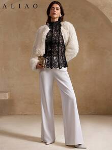 Aliao 华丽黑色花卉刺绣网纱拼接透视长袖上衣，适合婚礼季、情人节、白色派对、老钱风格、宫廷风格、吸睛装扮、优雅日常穿着、女士春季、夏季、度假、宫廷风、海滩装扮、感恩节、毕业典礼等场合。 - 黑色 - 查看 5