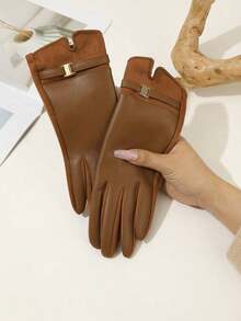 1pair Women's Burgundy Solid Color Casual Elegant Polyester (Polyester) Full Finger Gloves, Suitable For Autumn/Winter, Outdoor, Wedding - màu nâu - Xem 6