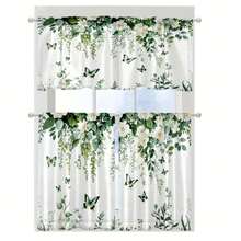 2 Panel 28"X40"/1 Panel 18"X60" Kitchen Curtain Sets,Retro Green Leaves, White Flowers, Butterfly Pattern Print Curtain Set, Rod Pocket Valance Curtain Tier, Window For Kitchen Cafe Living, Home Decor - phong cách-1 - Xem 5