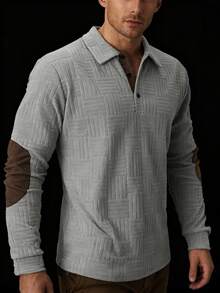 Men's Long Sleeve Vintage Knitted Textured Polo Shirt, Brown, Soft & Comfortable, Versatile For Autumn/Winter, Retro Style For Daily Wear & Commute - Brown - View 3