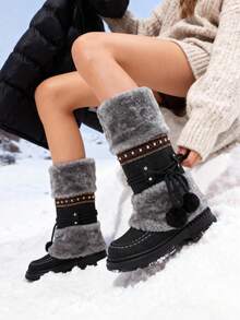 Women's Winter Furry Knee High Snow Boots Fashion Platform Chunky Heels Warm Faux Fur Lining Pull On Casual Comfy Boots Woman - 黑色 - 查看 5