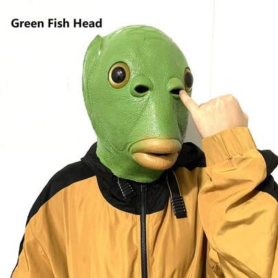 1个派对面具，趣味鱼头面具，表演道具头套，动物头套，趣味鱼头面具，绿色鱼头面具，节日趣味万圣节面具，派对用品装饰