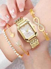 4件套女士优雅方形石英表配手链套装，适合母亲节、教师节、感恩节、学生、毕业典礼、生日等各种场合，是馈赠佳品。