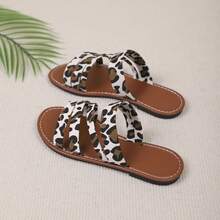 Women's Cow & Leopard Print Slides, Lightweight Open Toe Flat Shoes, Casual Slide Sandals