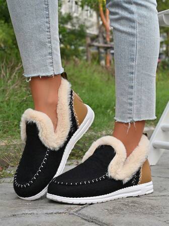 2025 女士复古舒适毛绒拼接平底鞋，黑色，保暖内里，圆头，低帮休闲鞋，适合日常穿着、购物、约会、工作、圣诞节、新年、妇女节等场合。