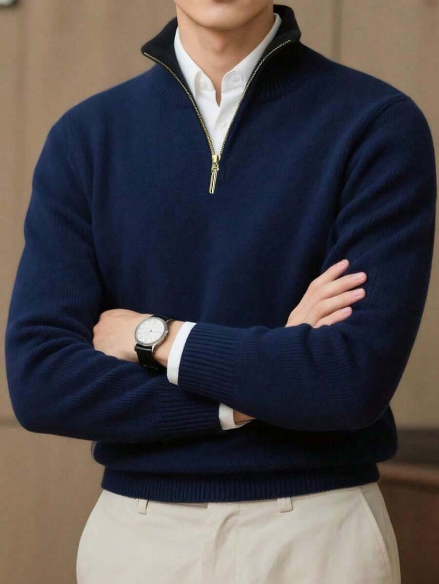 Men's Solid Color Long Sleeve Casual Versatile Zip-Up Stand Collar Sweater, For Fall Winter - Camel - View 1