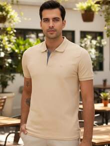 Ogochi Men's Basic Plain Polo Shirt With Logo, No Pocket, Original - Cream - View 3