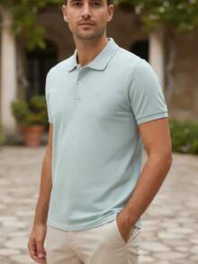 Ogochi Men's Basic Plain Polo Shirt With Logo, No Pocket, Original - 灰霧 - 查看 4