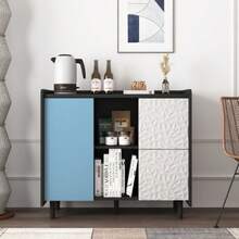 Aparador buffet, armário preto com portas azuis, 2 gavetas com painel único e 2 compartimentos abertos, armário bar de café moderno, armário lateral para cozinha, sala de jantar - Azul - Ver 12