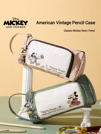 Disney Bolsa de lápices de gran capacidad para la escuela primaria, estuche de papelería retro y simple, multifuncional, de dos capas, resistente al desgaste y a la suciedad, para estudiantes de secundaria y preparatoria