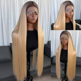 金色渐变色 13x4 合成蕾丝前假发，女士款，30 英寸长直发，无需胶水，采用 Kanekalon 纤维制成，结实耐用，自由分缝，150% 密度，透明蕾丝，可加热佩戴，适合日常、派对、度假等场合。