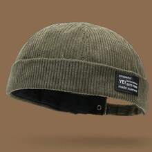 Mũ len nhung kẻ unisex phối da, mũ beanie màu trơn kiểu Nhật, mũ tang cổ điển, phù hợp cho cả nam và nữ, phong cách Hàn Quốc thường ngày cho mùa thu/đông. - A - Xem 23