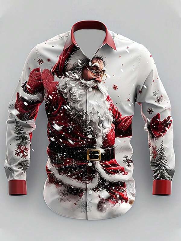 Men's Christmas Santa Claus Print Colorblock Long Sleeve Shirt, Fashion Casual Shirt For Christmas Party, Autumn/Spring