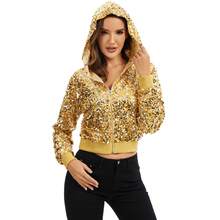 Women's Sequin Zip-Up Hooded Jacket With Ribbed Hem And Long Sleeves For Party Wear - Gold - View 4