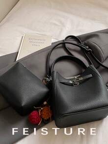 1pc FEISTURE Litchi Texture Minimalist Elegant Women's Handbag, Fashion Shoulder Crossbody Bag (With Small Pouch), Free Accessory Charm For Store Followers, Suitable For Daily Outing, Dating, Commuting - Black - View 8